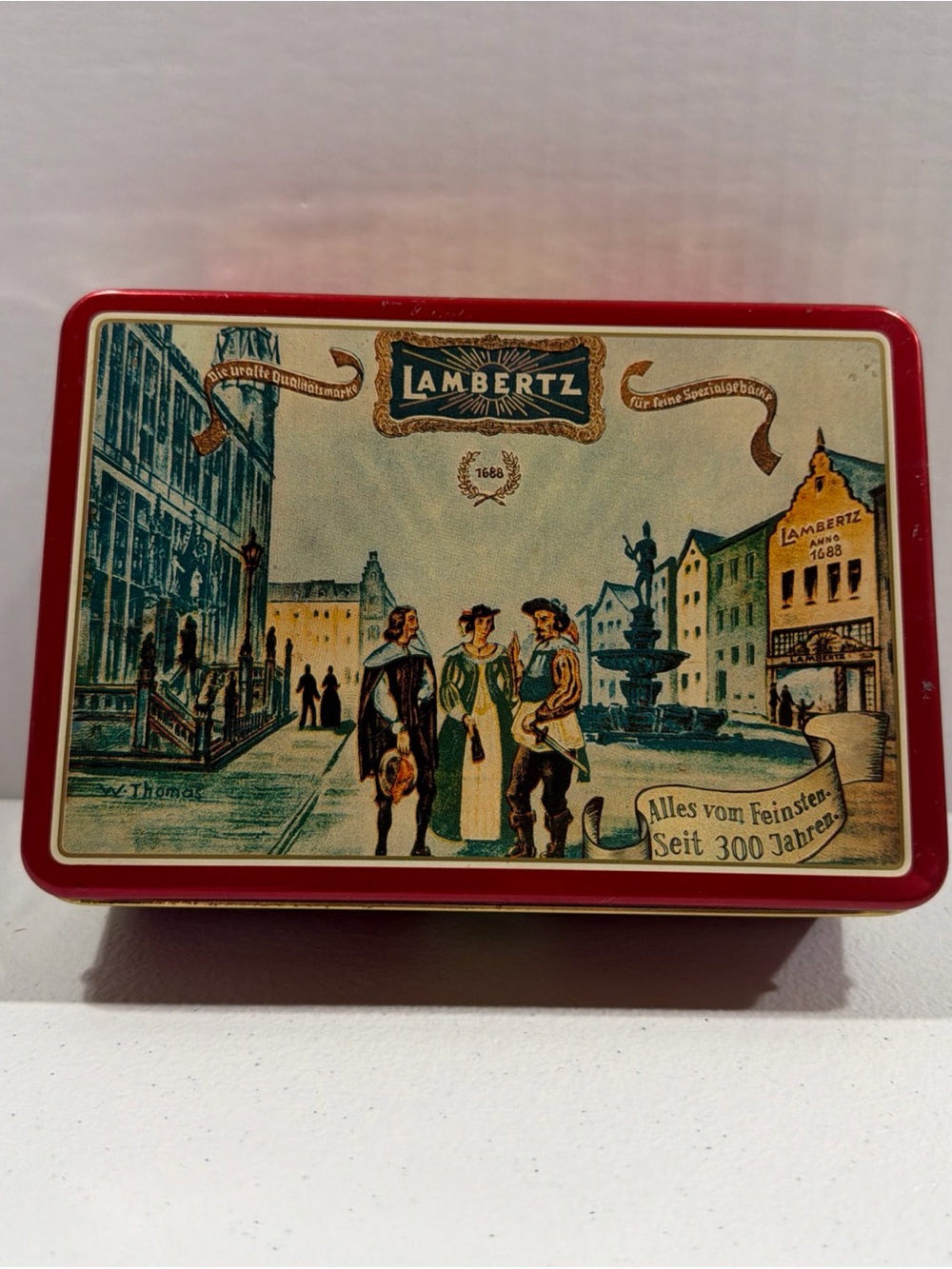 Lambertz  German Chocolate covered Cookie Tin Hinged Lid 7”x 6"x 2"